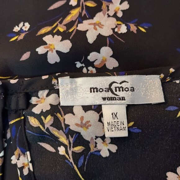 Moa Moa Shirt Top Flowy Black Floral Womens Plus Size 1X Layered Sleeve Keyhole - Picture 9 of 14